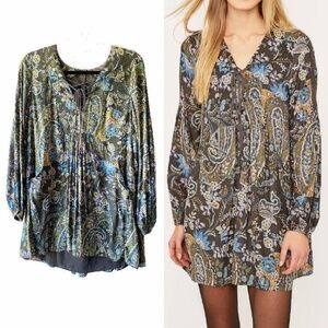 FREE PEOPLE Rain or Shine Floral Paisley Crochet Lace Up Tunic Dress Size Medium
